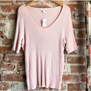Roz & Ali Women’s Blush Pink Ribbed Short Sleeve V-Neck Sweater NWT